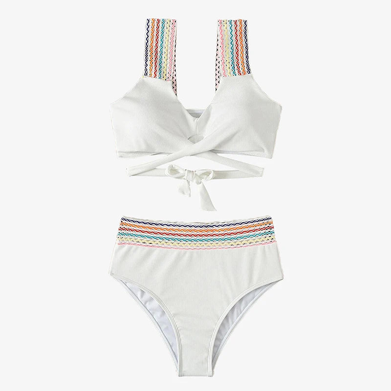 High Waisted Ribbed Bikini Set with Contrast Trim - Sexy Swimwear