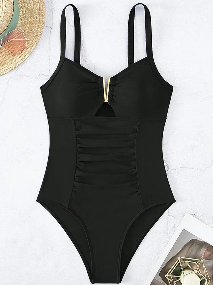 V Neck Pleated One Piece Swimsuit - High Cut Tummy Control Bathing Suit