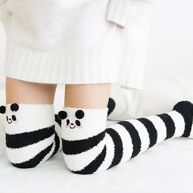 1 paire mode fille mignon hiver rayé corail velours longues chaussettes chaud genou longueur chaussettes mignon ours mouton maison serviette bas