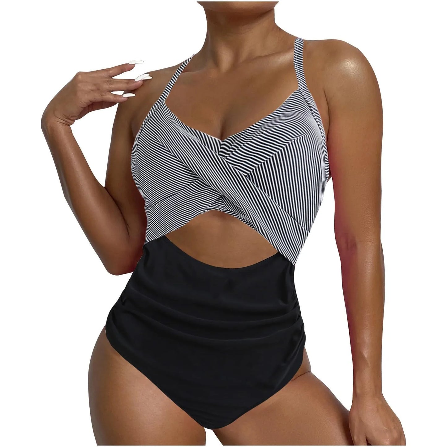 Sexy One Piece Swimsuit with Cut Out Cross Detail High Waist V-Neck Bathing Suit