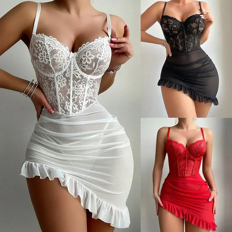 1-piece Set Underwire Bra With Push-Up Mini Thong Kit Women Night Dress Sexy Lingerie See Through V-neck Nightgown Delicate Sets
