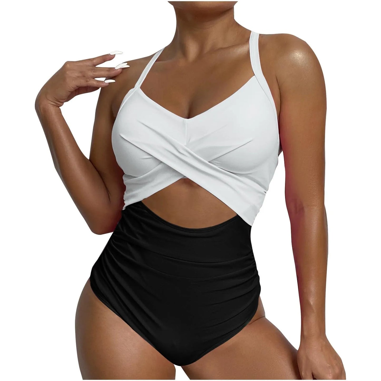 Sexy One Piece Swimsuit with Cut Out Cross Detail High Waist V-Neck Bathing Suit