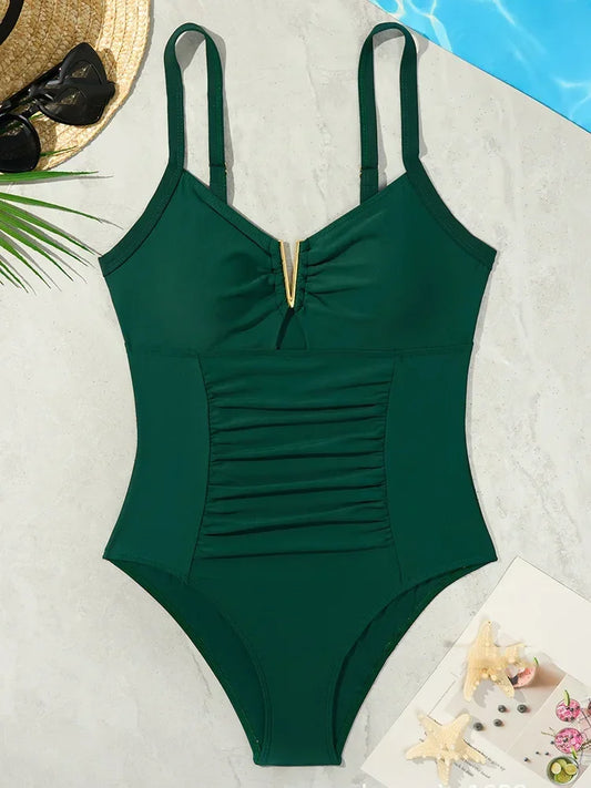 V Neck Pleated One Piece Swimsuit - High Cut Tummy Control Bathing Suit