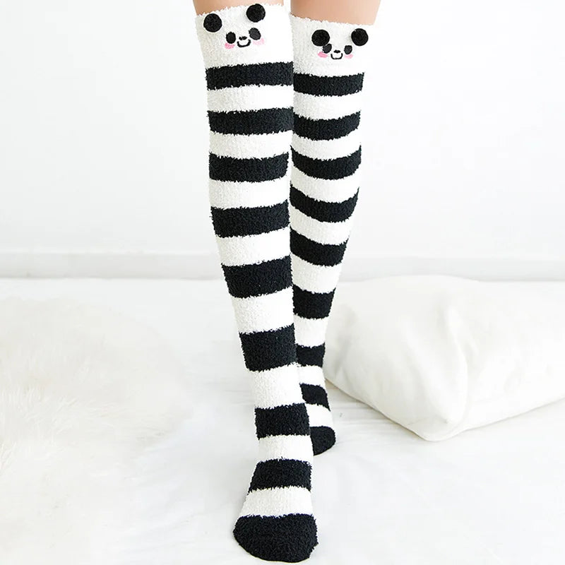 1 paire mode fille mignon hiver rayé corail velours longues chaussettes chaud genou longueur chaussettes mignon ours mouton maison serviette bas