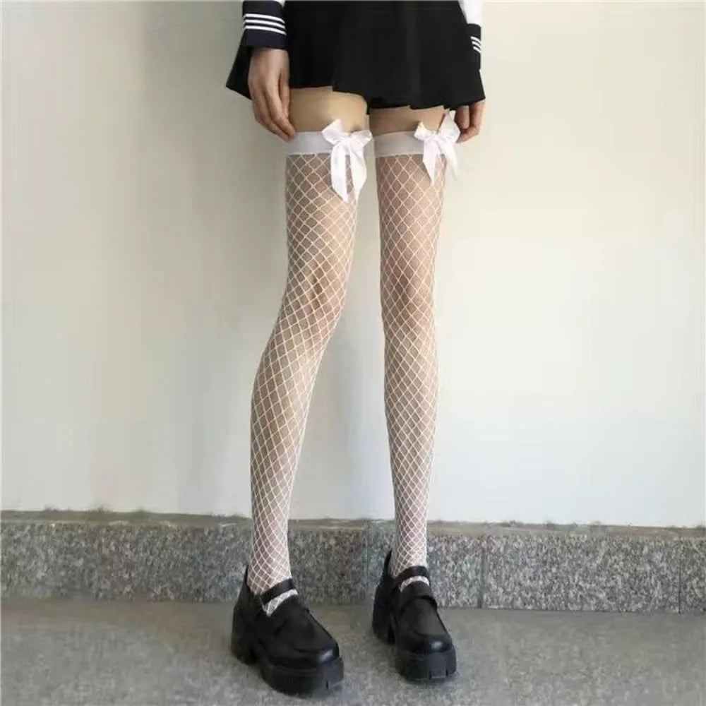 1 Pair Pure Desire Fishnet Stockings Pink Bow Tie Contrasting Color Knee High Stockings Large Mesh Long Tube Stockings for Women