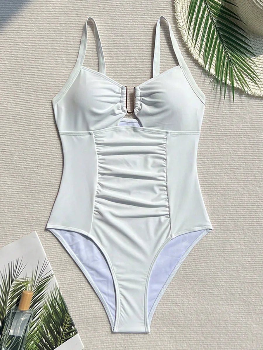 V Neck Pleated One Piece Swimsuit - High Cut Tummy Control Bathing Suit