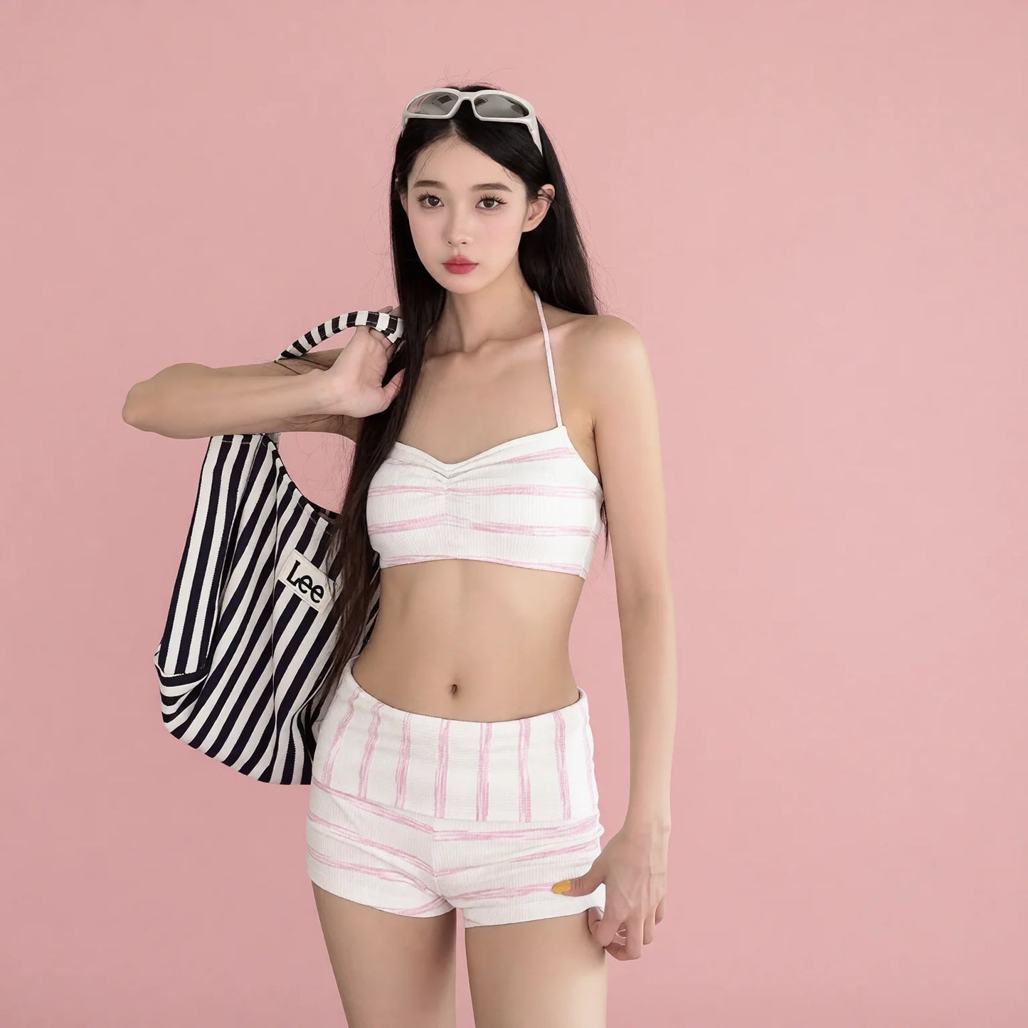 cute pure desire high-end striped halter two-piece conservative bikini