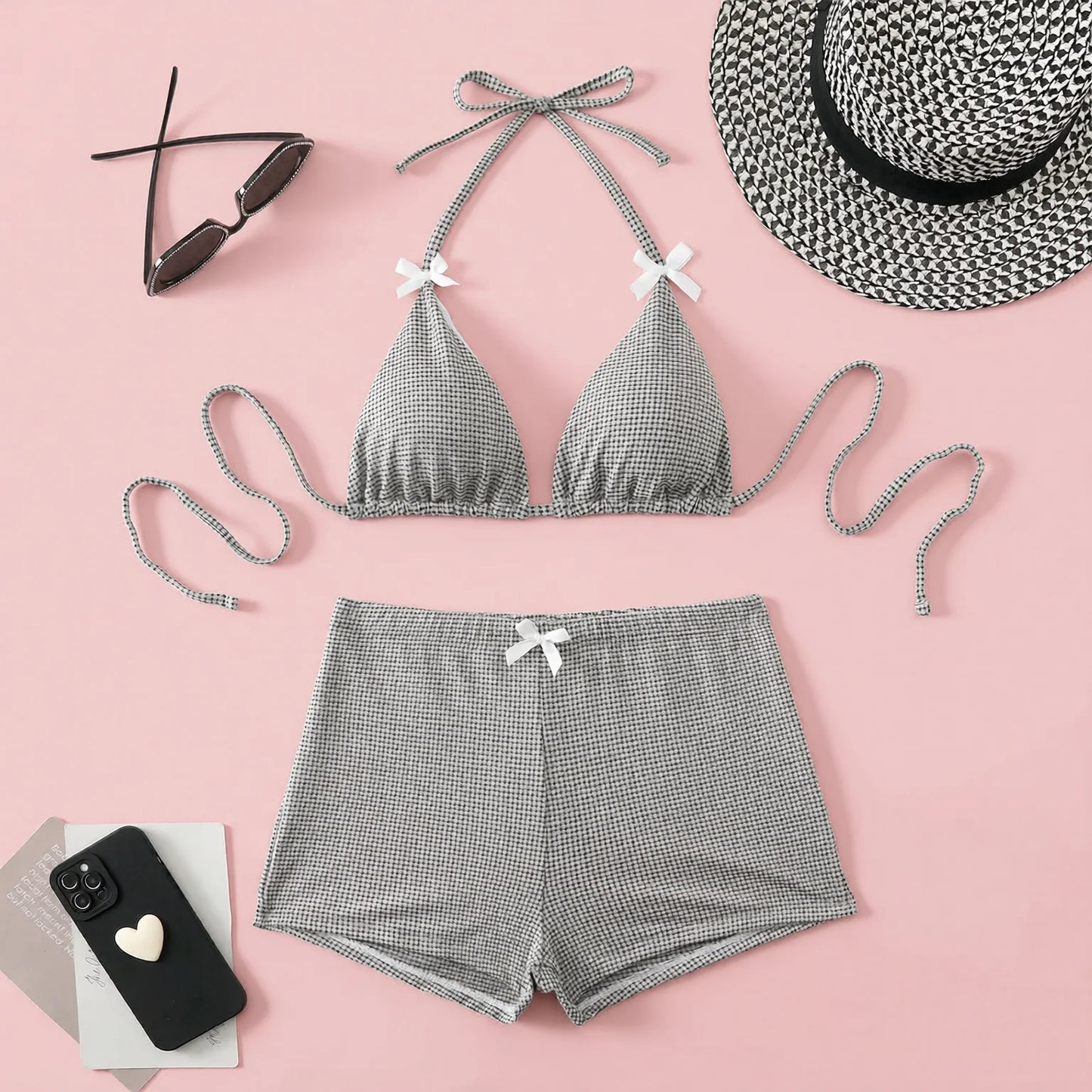 Bikini set with bow ties, striped high-waist shorts and contrast trim