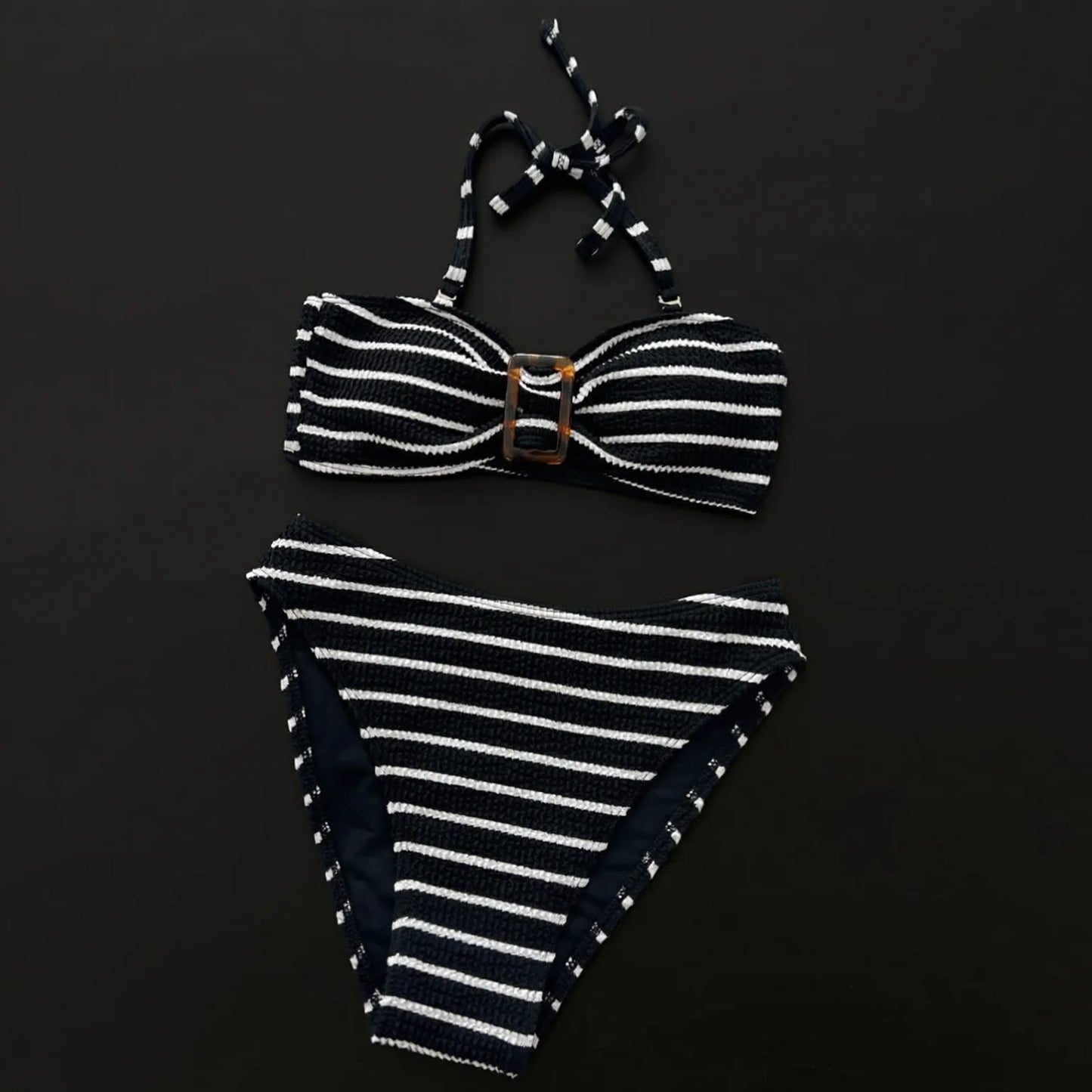 Black Striped Bandeau Bikini with Bow Tie