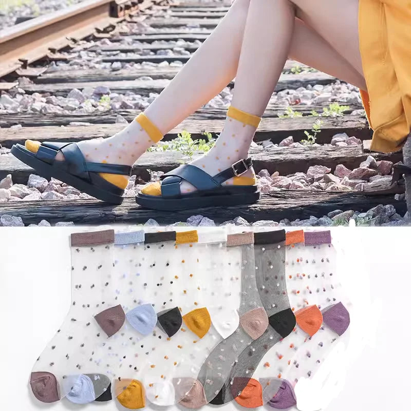 Sheer Polka Dot Sheer Socks for Women - Breathable Summer Mid Calf Socks
