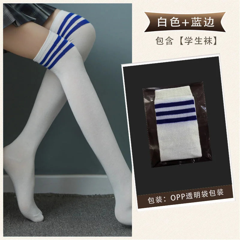 College Girl Thigh High Socks - Striped White Over Knee Student Stockings