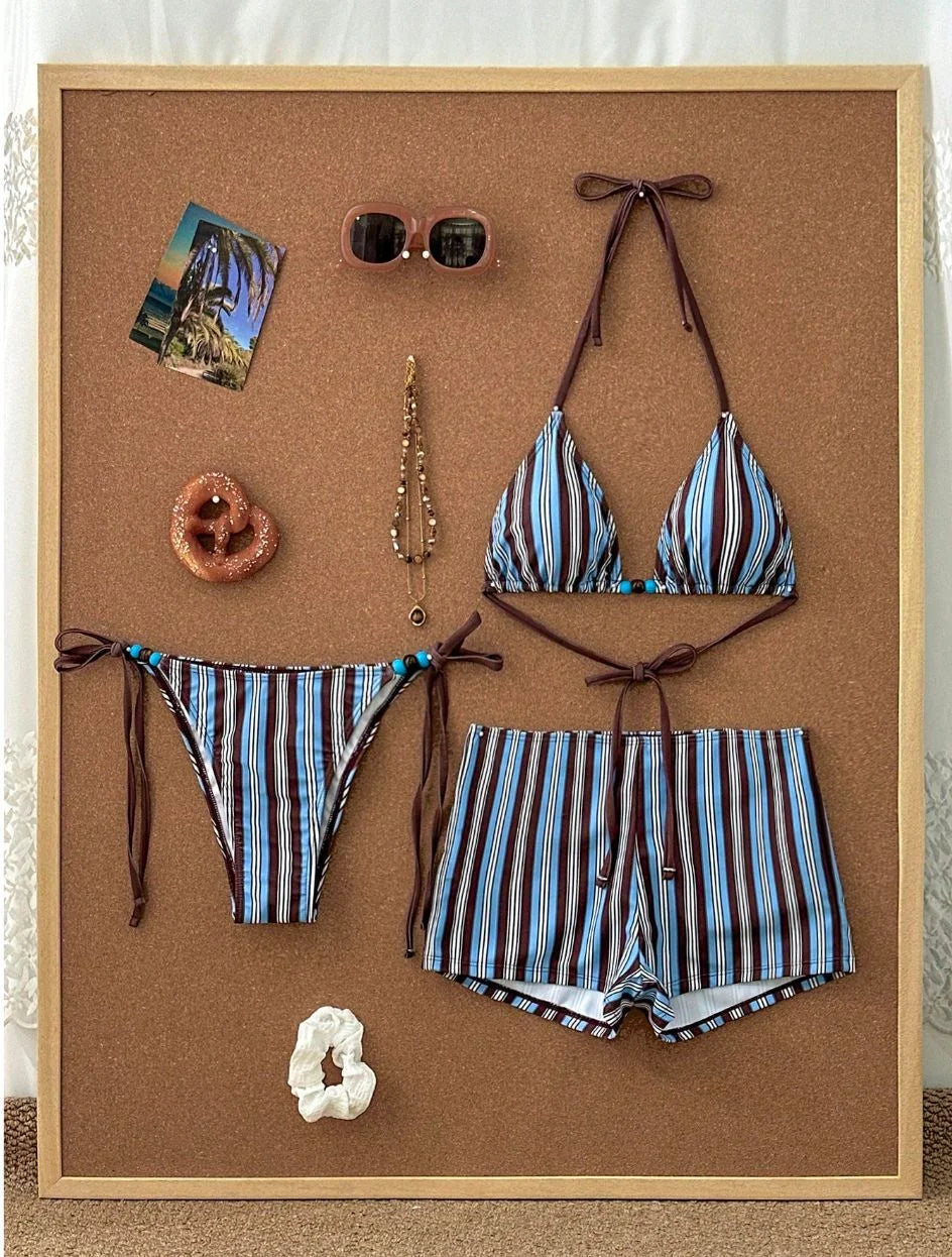 Striped Halter Bikini Set with Tie Strings
