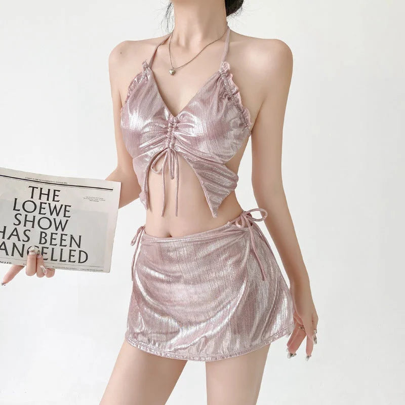 metallic halter bikini set with ruched skirt