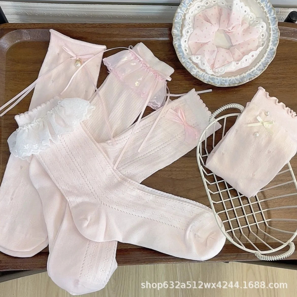 Pink Lace Bow Ruffle Socks - Cute Frilly Knee High Stockings