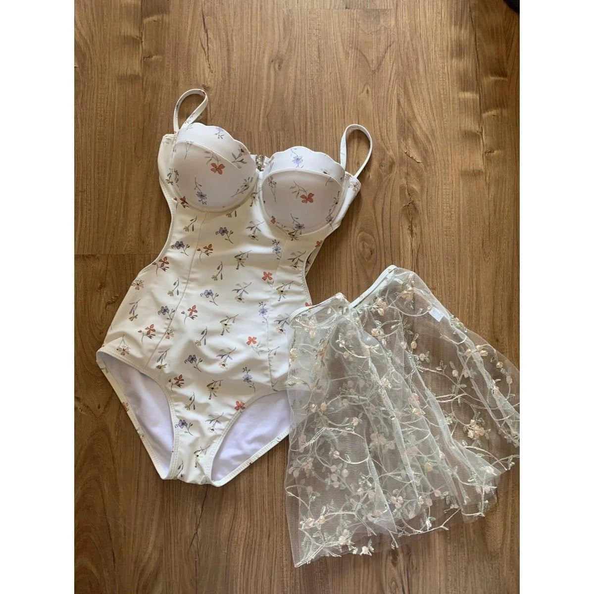 floral print corset swimsuit sheer skirt
