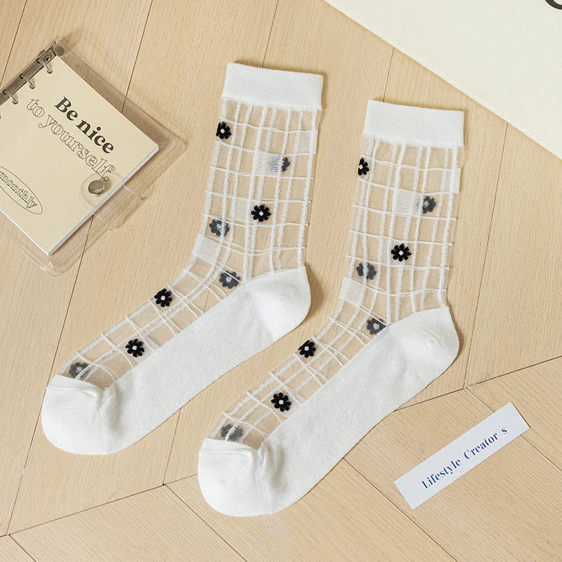 Sheer Floral Mid-Calf Socks Summer Sheer Glass Silk Hosiery