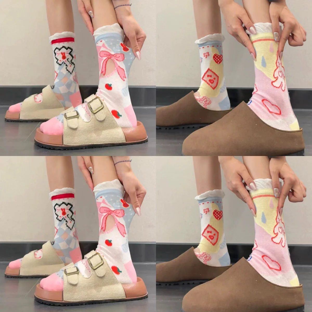 Cute Patterned Crew Socks for Women - Girly Bow Heart Bunny Designs