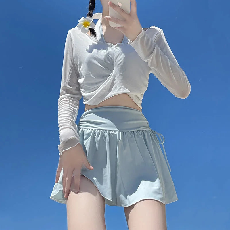 Mint Green Long Sleeve Cut Out Swimsuit with Skirt