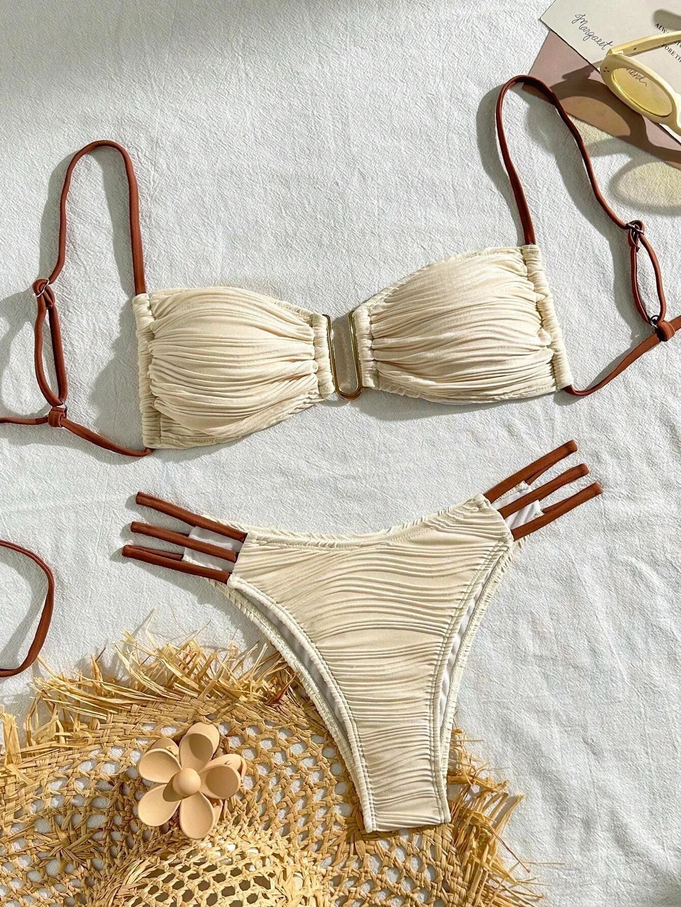 Sexy Underwire Bikini Set - Apricot Plunging Triangle Top