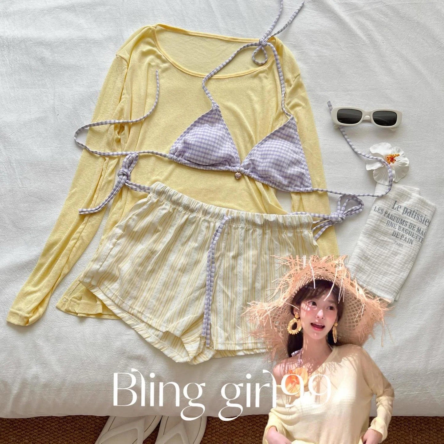 Yellow Striped Bikini Set with Cover Up