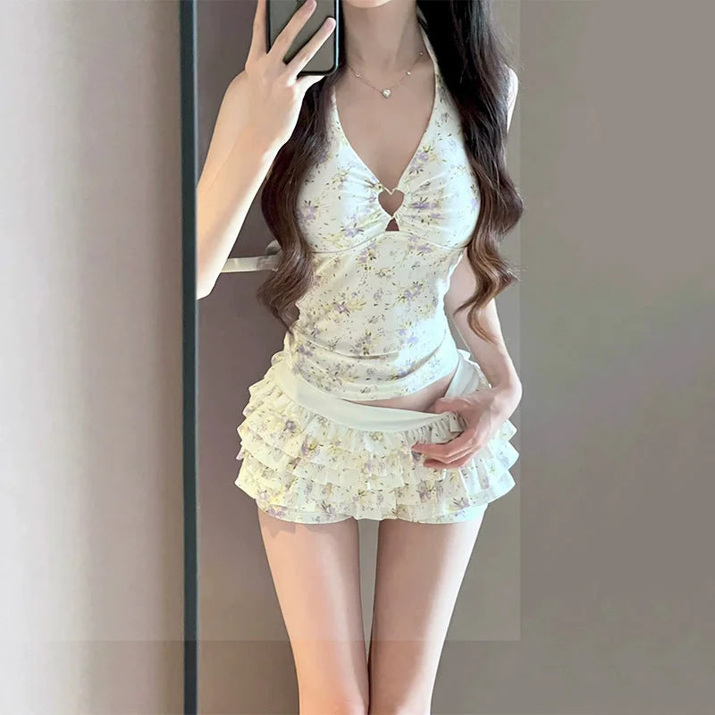 Ivory white lace halter neck bikini dress with ruffled hem