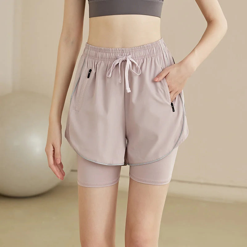 High-waisted faux-two-piece running shorts - quick-dry summer yoga shorts