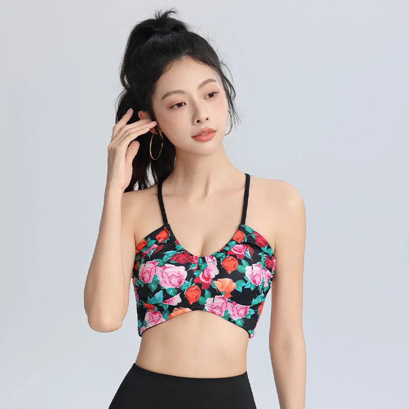 Trendy Floral Sports Bra with Cross Back