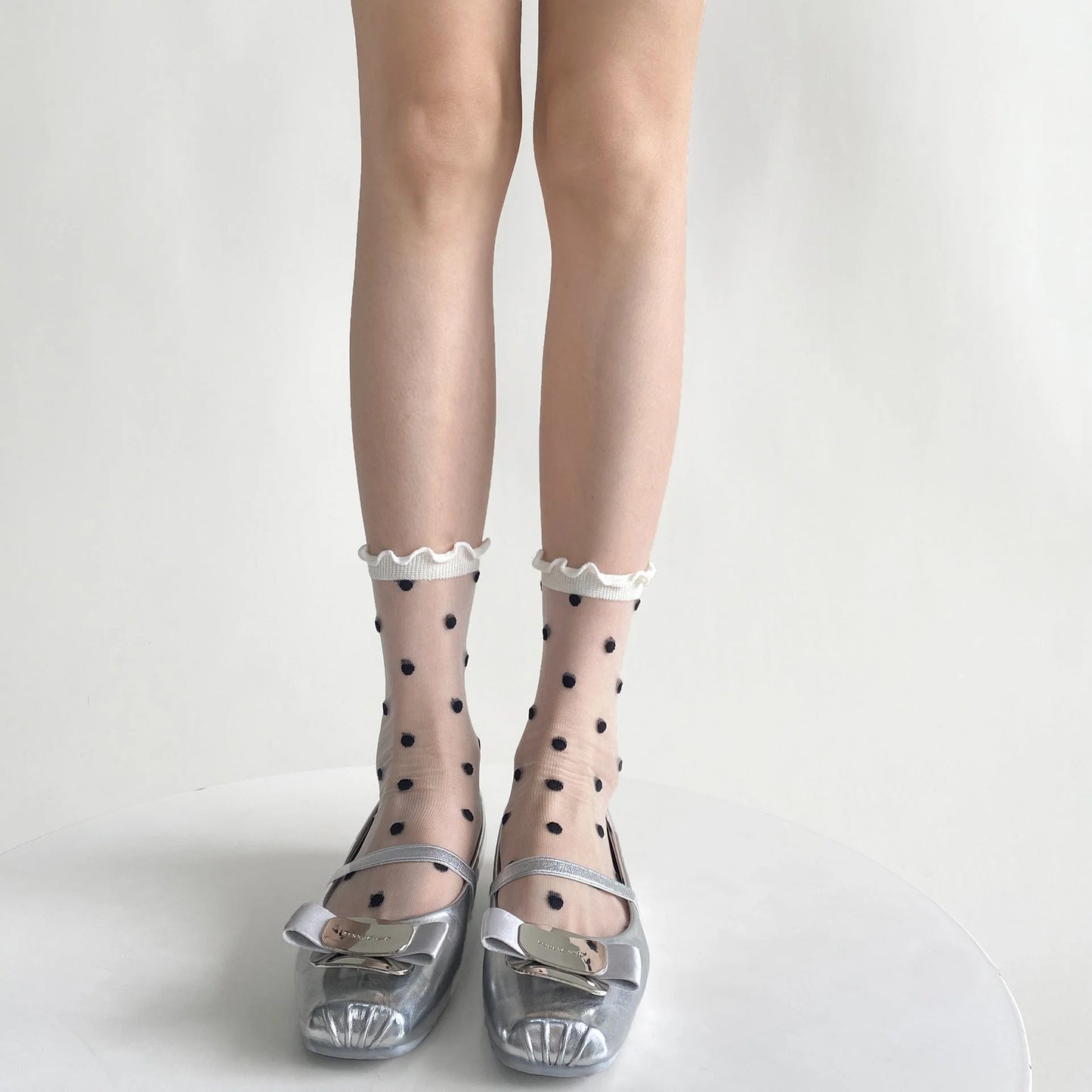 Sheer Polka Dot Ruffle Socks - Black & White Mid-Calf Stockings