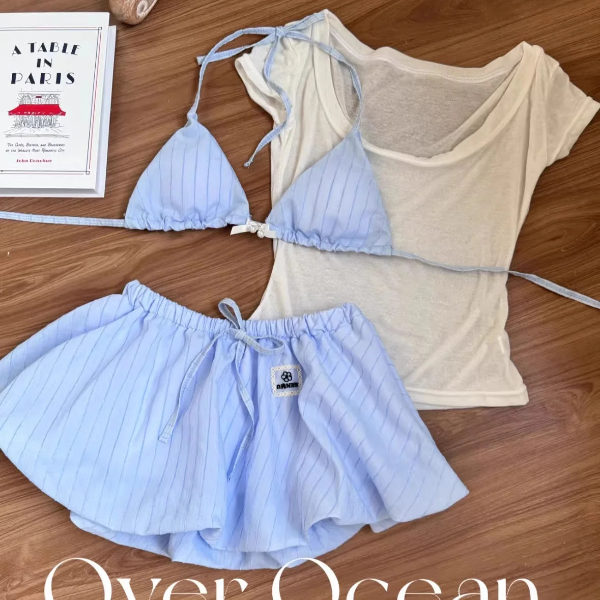 Striped Pale Blue & White Bikini Set with Jacket – Summer Swimwear