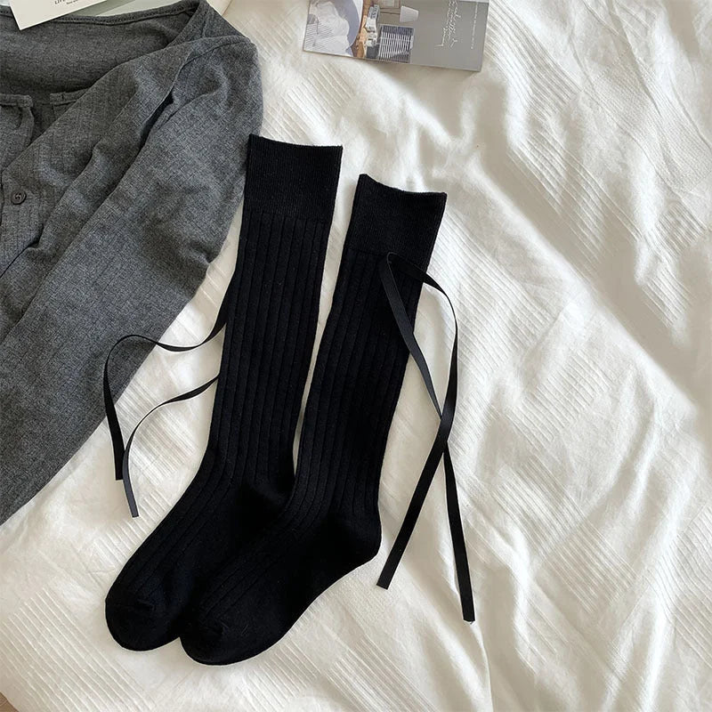 Cute Knee High Socks with Bows - Ribbed Ribbon Tie Calf Socks
