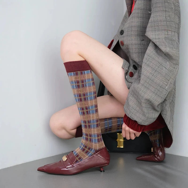 Vintage Plaid Knee High Socks - Slimming Retro Style Calf Socks