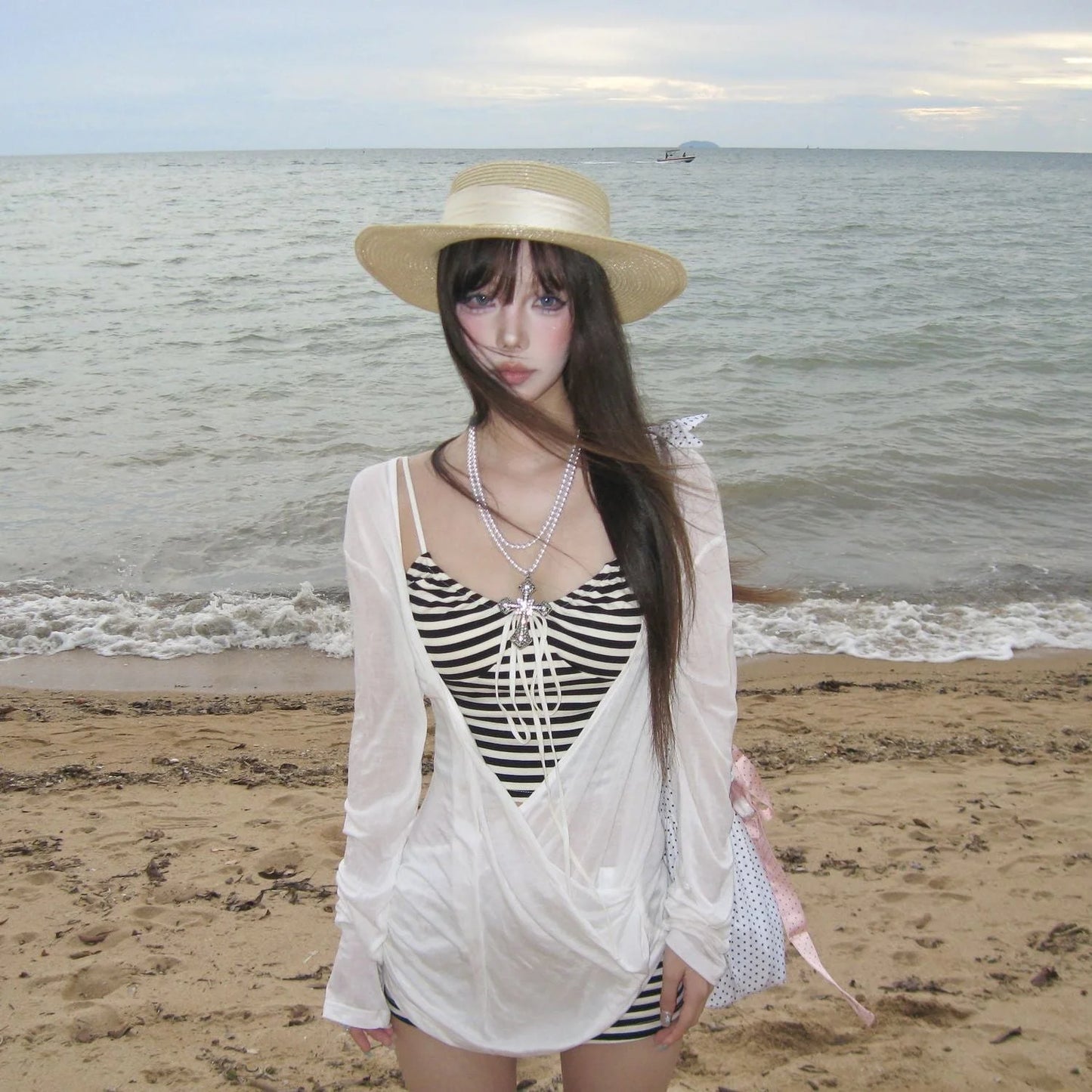 sheer striped bikini cover-up and matching bikini set