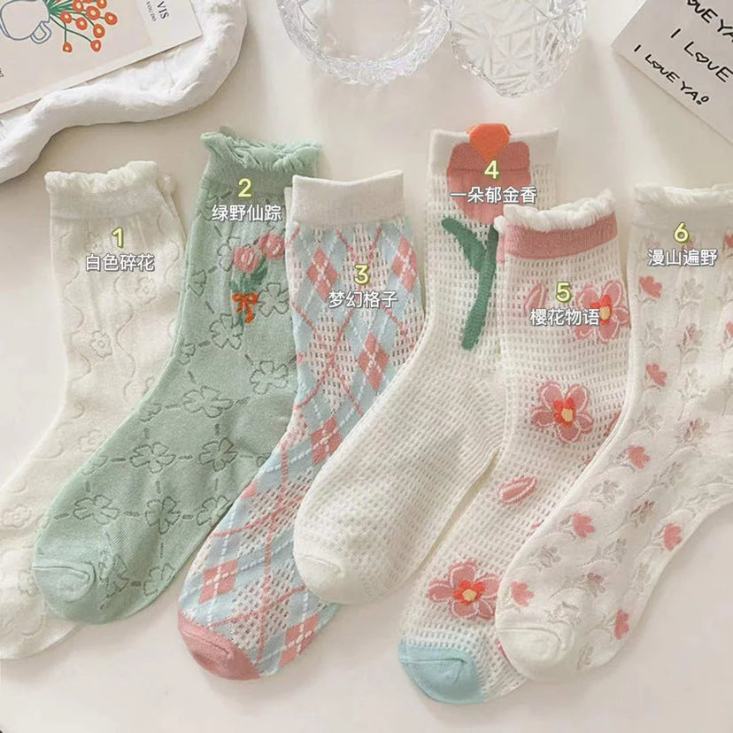 Cute Floral Tulip Mesh Mid Calf Socks Breathable Summer Fashion