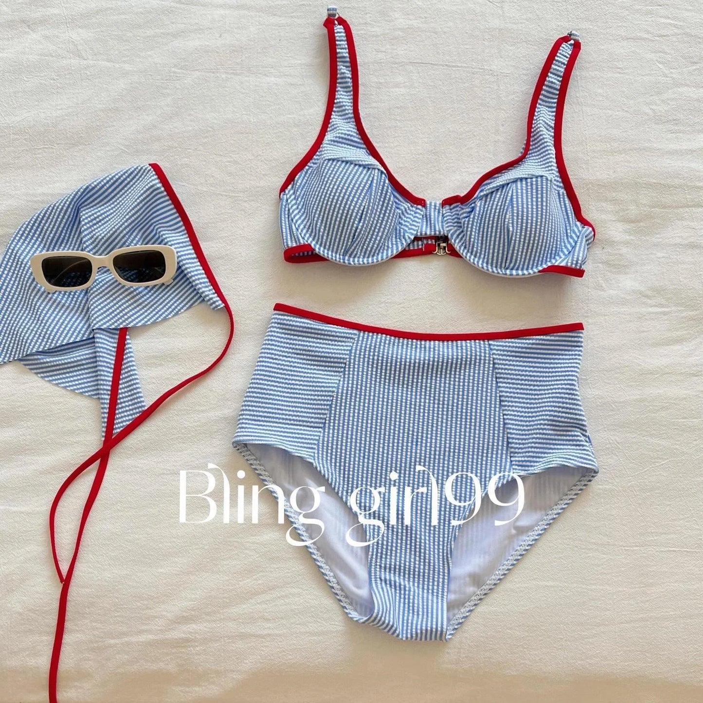 Retro High-Waisted Striped Bikini with Steel-Tone Cups and Soft Pads
