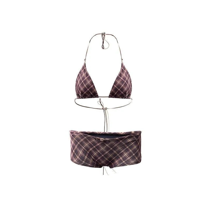 retro plaid tie side triangle bikini set mocha brown