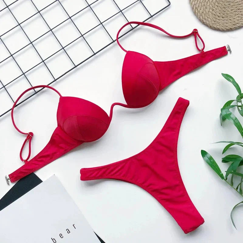 Red Push Up Bikini Set - Underwire High Leg Cut Swimwear
