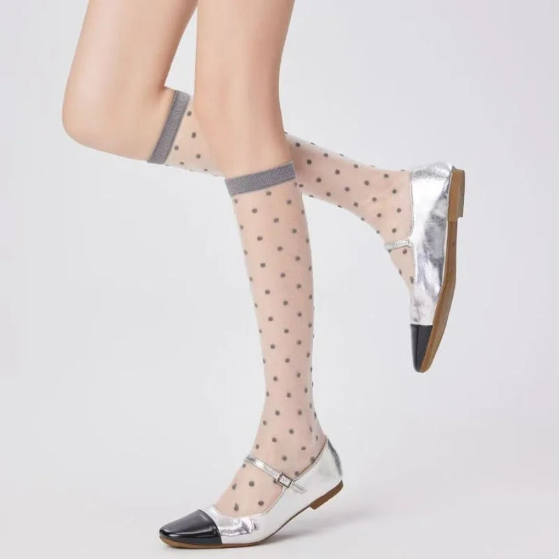 Sheer Polka Dot Knee High Socks - Breathable Mesh Stockings