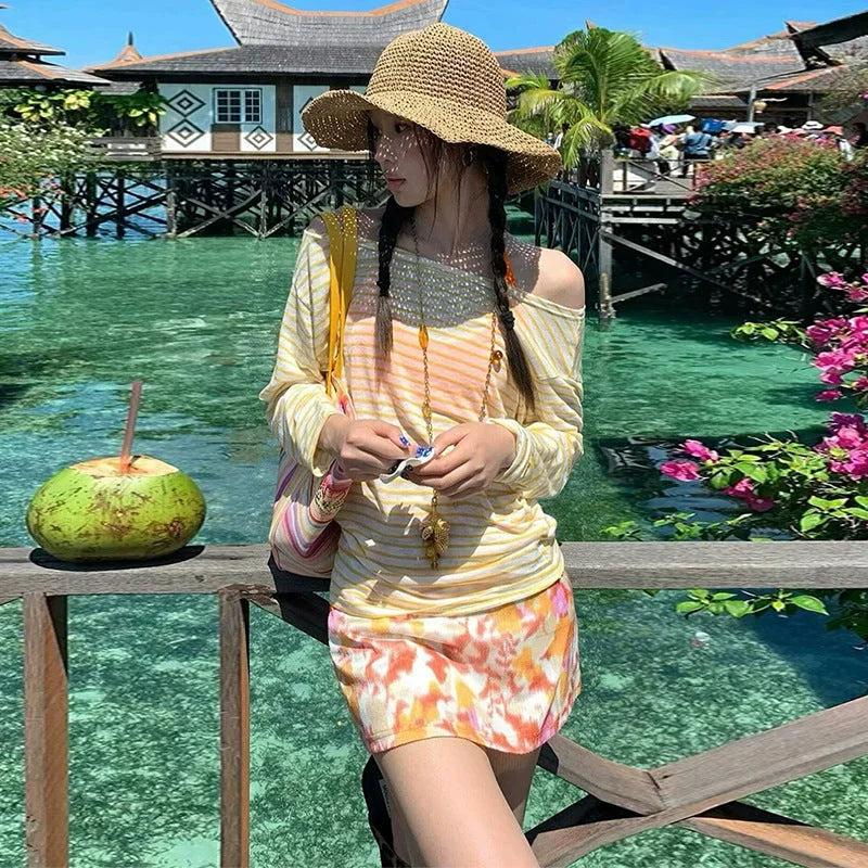 Striped Knit Cover-Up Set & Floral Mini Skirt Beach Bikini