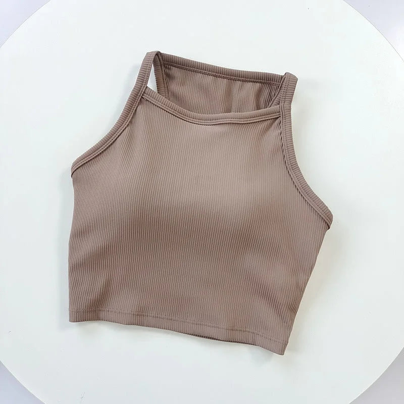Ribbed Scrunch Yoga Sports Bra - High Neck Camisole Tank Top