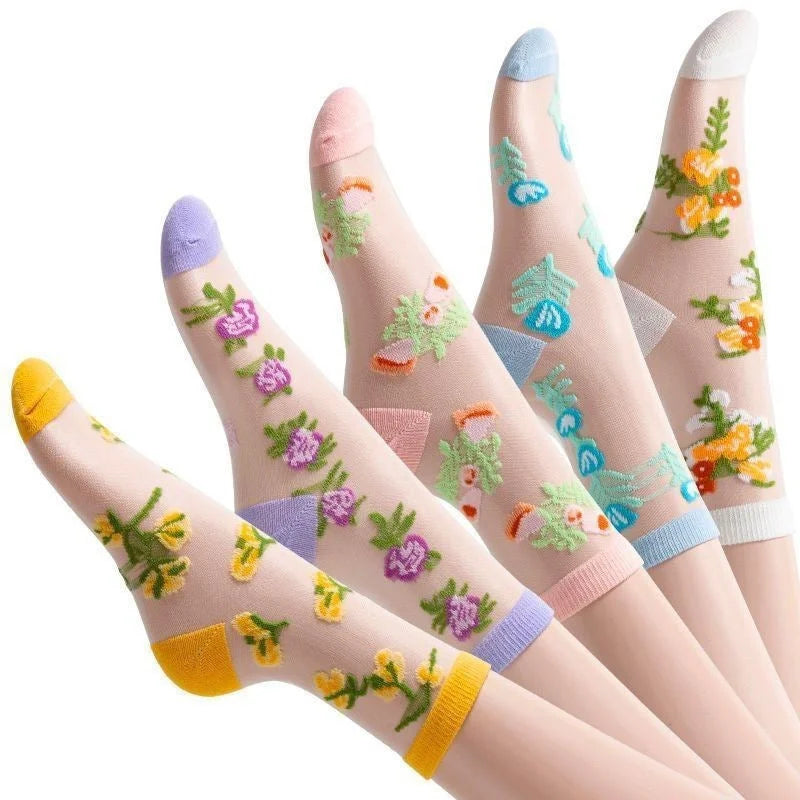 Sheer Floral Mid Calf Socks Women Breathable Crystal Silk Cute Summer