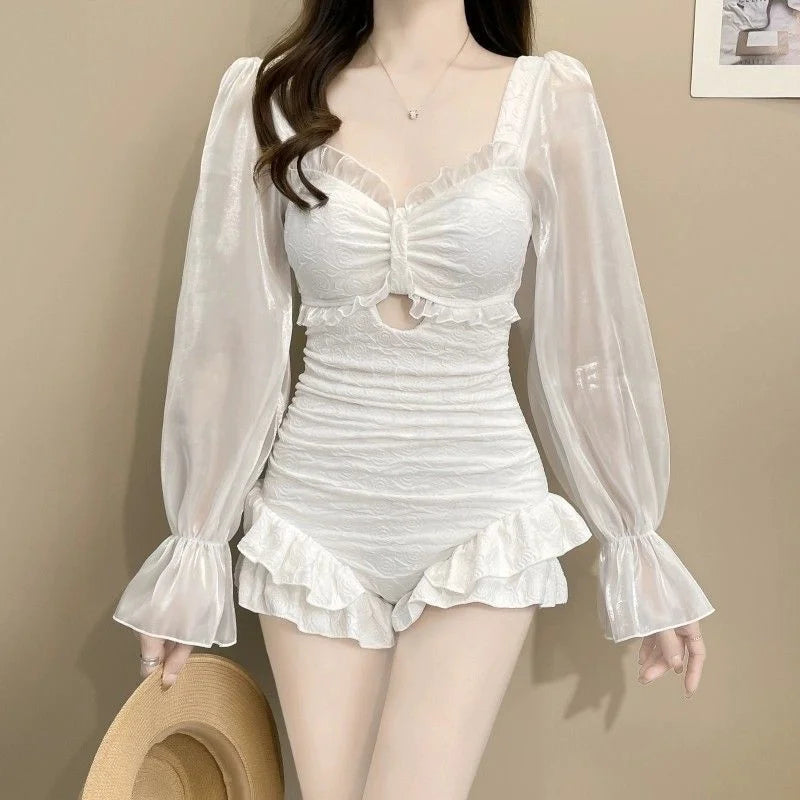 White Long-Sleeve Sheer Cover-Up One-Piece Swimwear