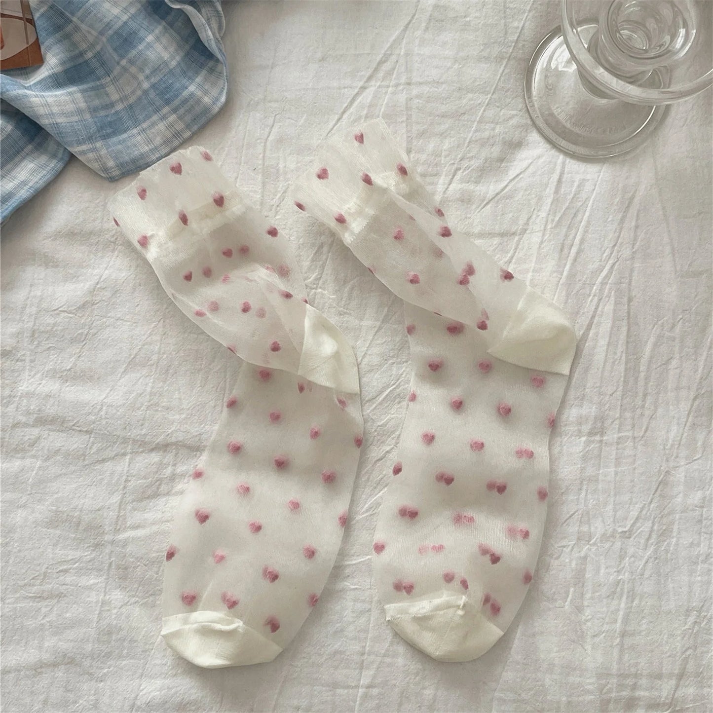 Sheer Heart Pattern Socks for Women - Cute Japanese Style Mid Calf Sheer Socks