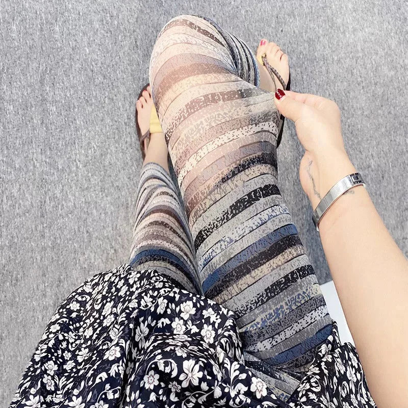 Sheer Mesh Striped High Waisted Leggings for Women