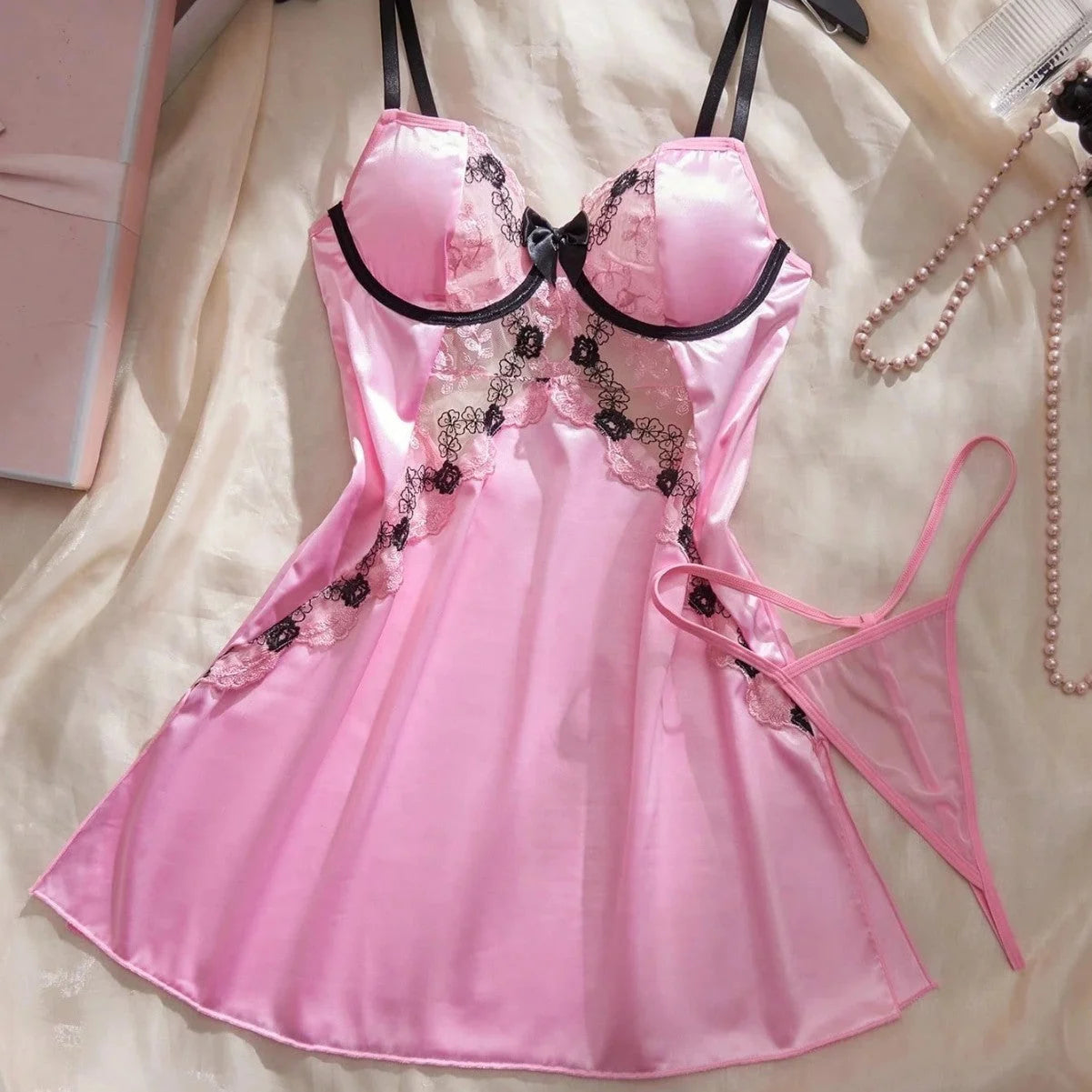 Silk Satin Lingerie Set - Plunging Bra & Mini Skirt