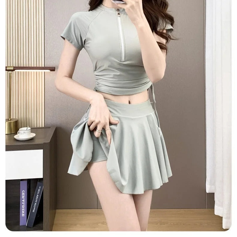 Slimming Crop Top Skirt Set - High-Waisted Pleated Mini Skirt & Ruched Crop Top