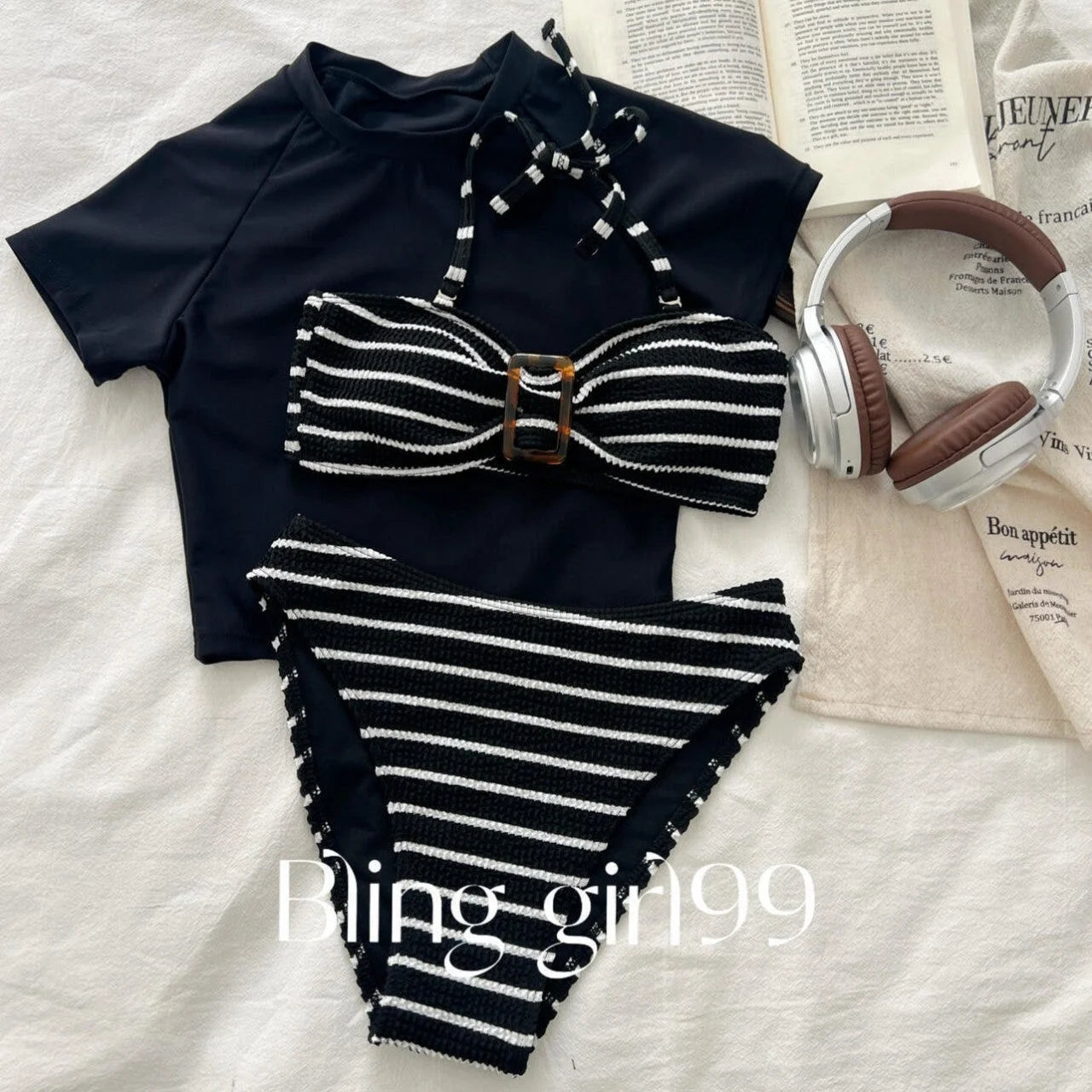 Black Striped Bandeau Bikini with Bow Tie
