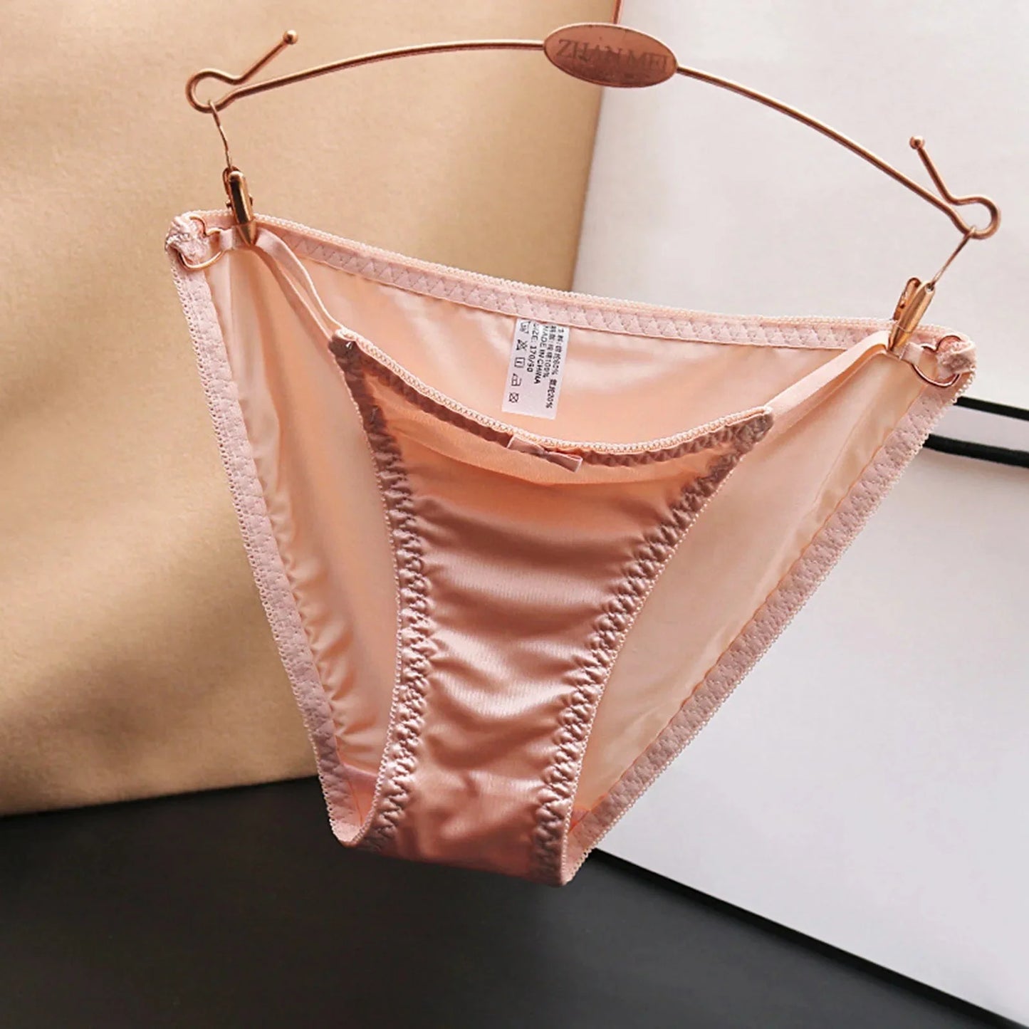 French Bow Low Waist Seamless Satin Hollow Out Panties for Women