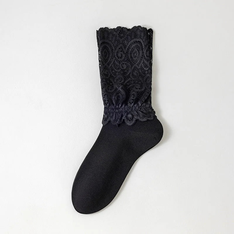 Lace Trim Cotton Ankle Socks for Women - Black, White, Nude
