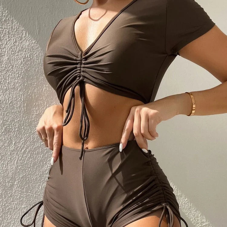V-Neck Short Sleeve Drawstring Bikini Set