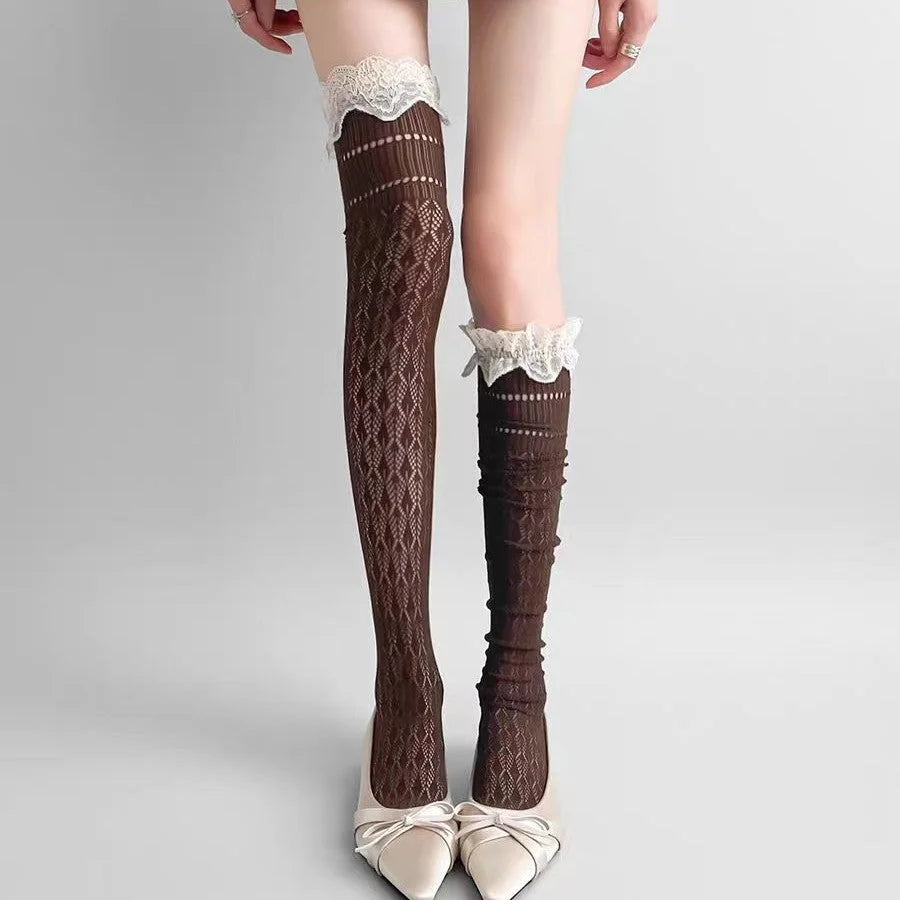 Lace Trim Diamond Pattern Over-the-Knee Socks for Women